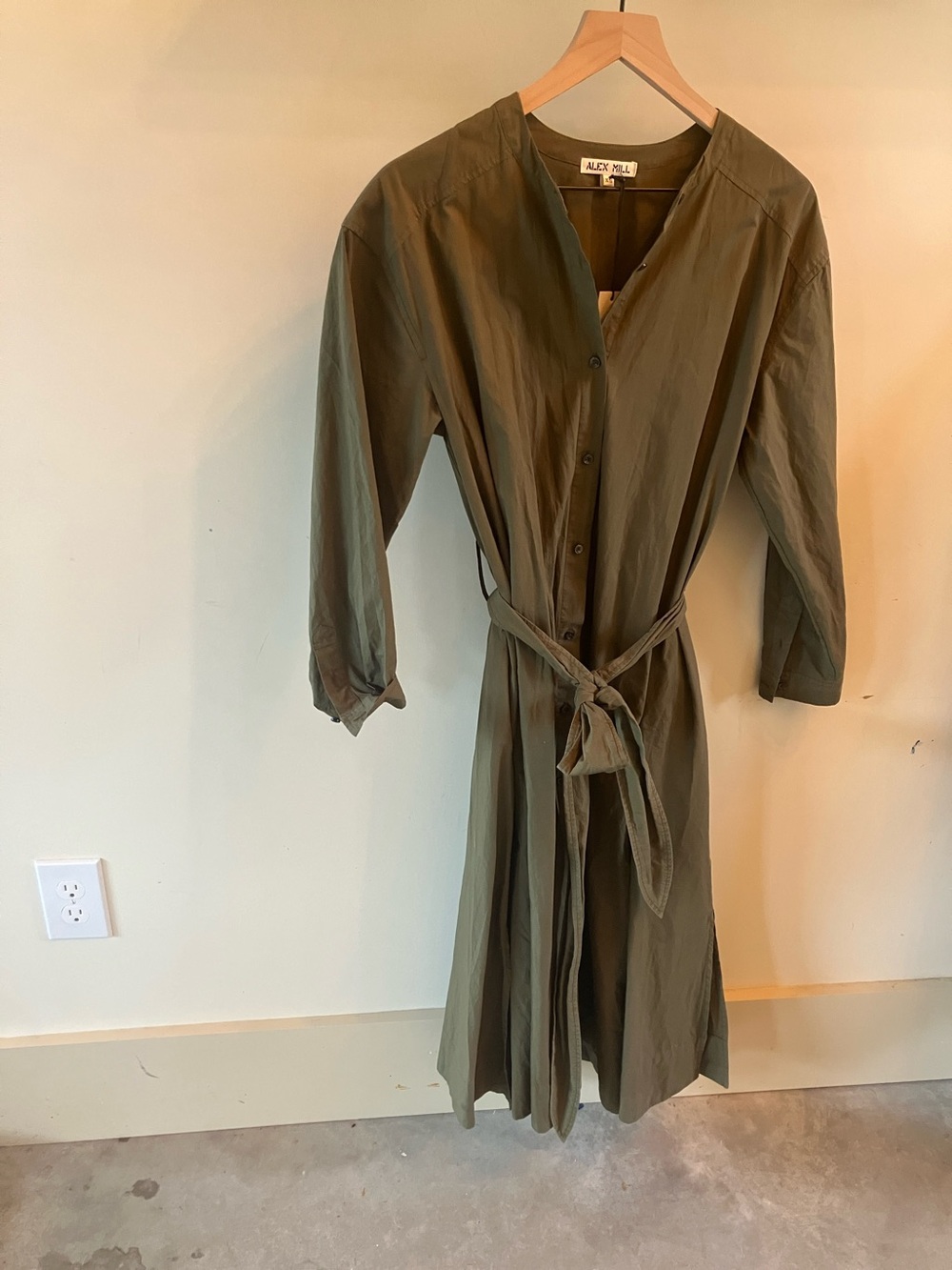 Alex Mill Olive Green Button-Front Midi Dress with Waist Tie